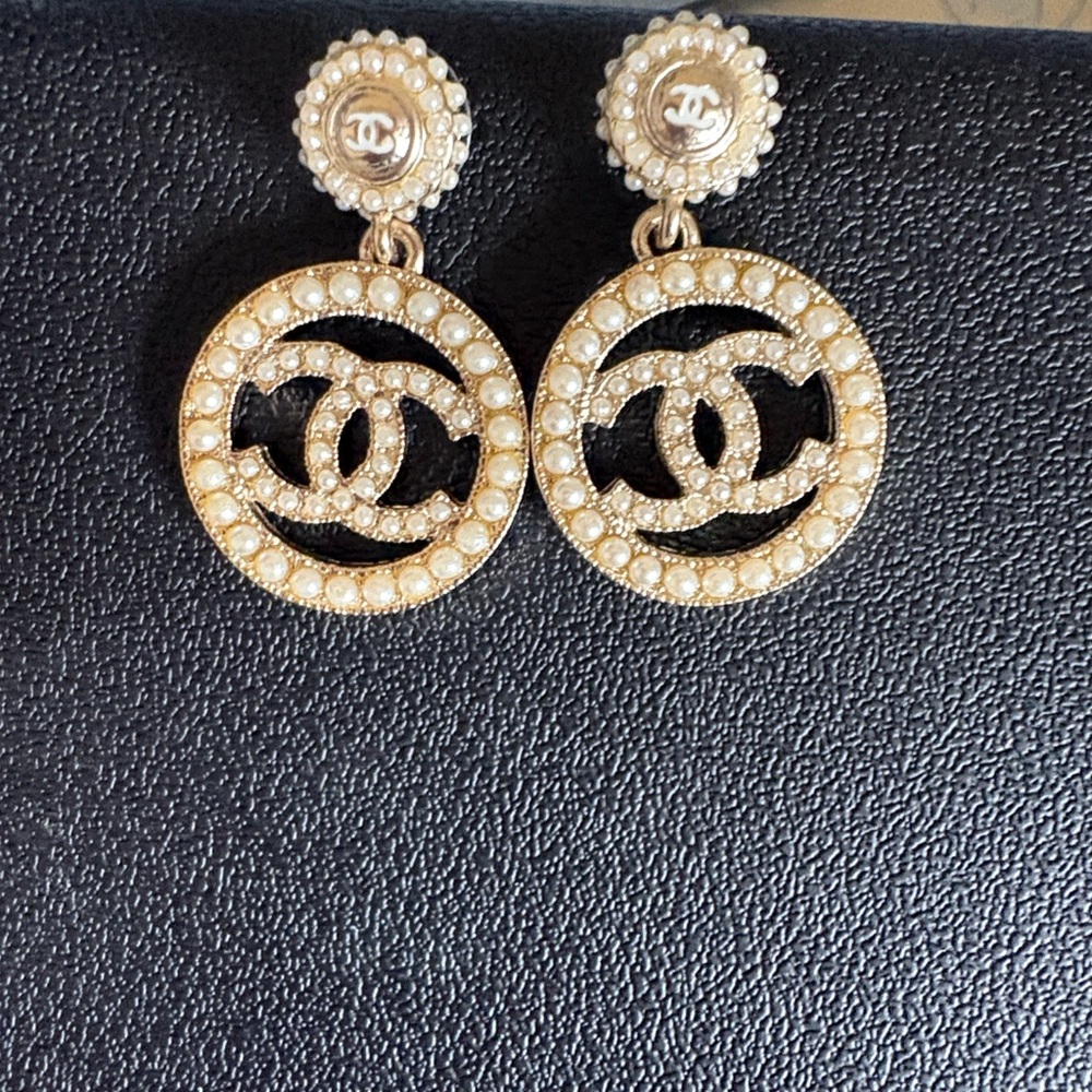 CHANEL Gold and Cream Pearl Logo Earrings